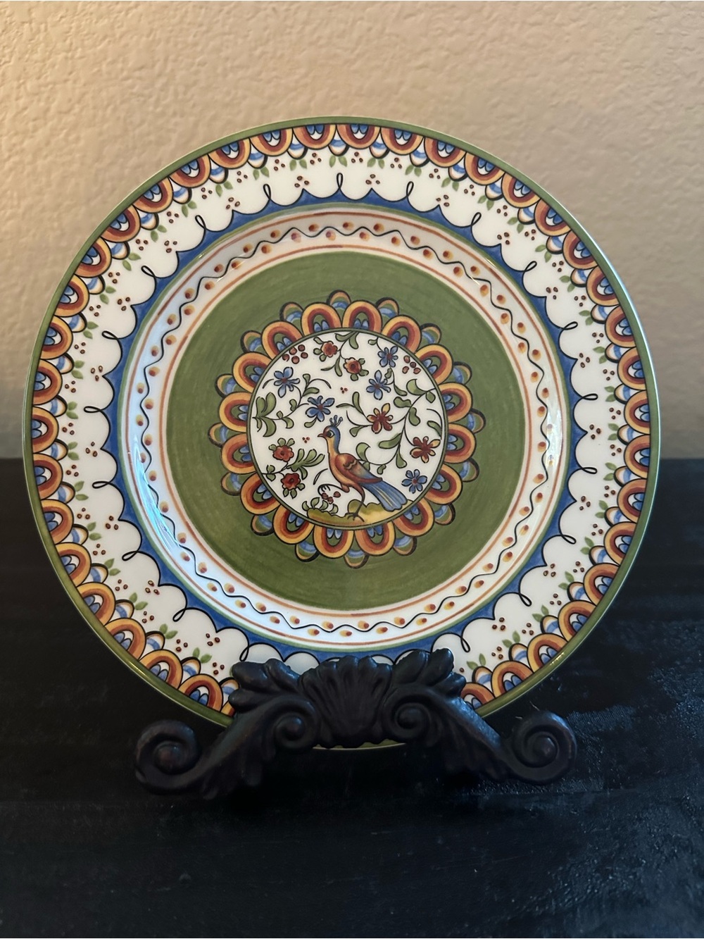 Cost Plus World Market Green and White Ceramic, Passaro pattern peacock